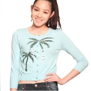 NWT Charlotte Tarantola Lightweight Cotton Cardigan Sweater Sequin Palm Tree L